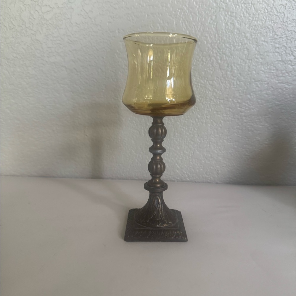Elegant Amber Glass and Brass Candle Holder